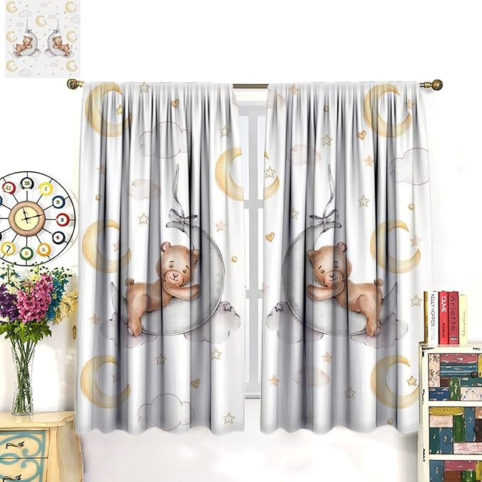 Cartoon Bear Curtains, Cartoon Watercolor Lovely Bear Moon Stars Printed Blackout Window Treatments, Rod Pocket Thermal Insulated Drapes 2 Panel Sets for Kids Bedroom Nursery Classroom, 84"W X 84"L