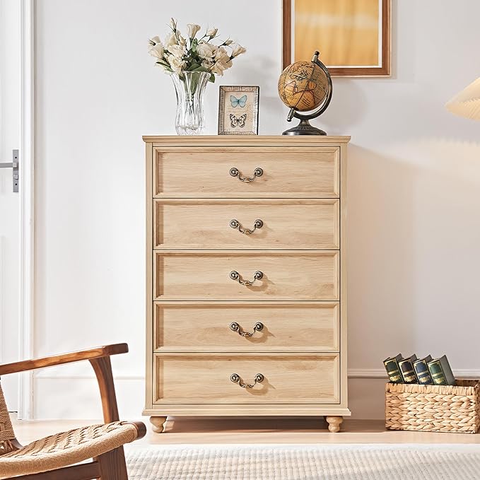 Farmhouse 5 Drawer Dresser for Bedroom, 45" Tall Vinatge Chests of Drawers w/ 4 Solid Gourd Feet, Mid Century Modern Boho Wood Closet Storage Dressers Organizer for Living Room, Natural Oak