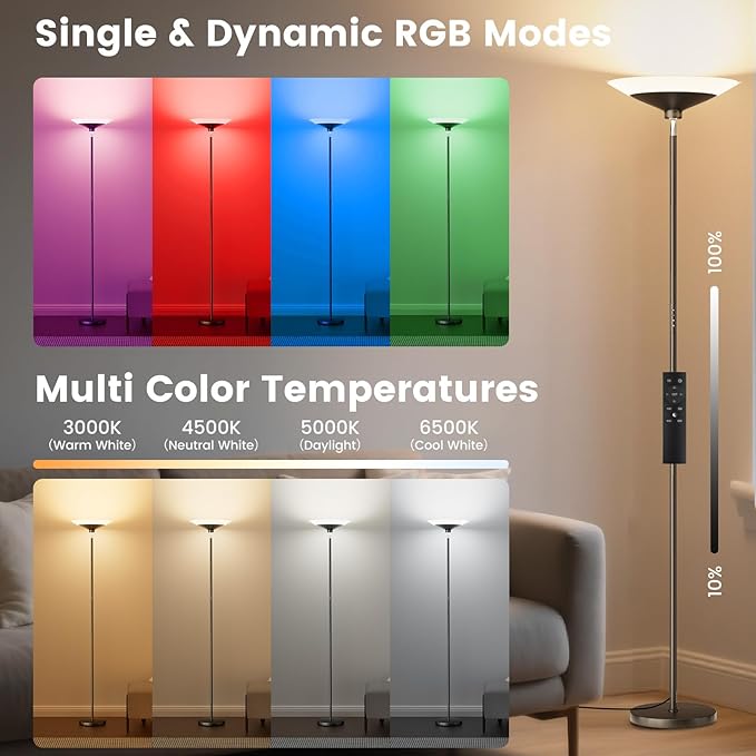 RGB Torchiere Floor Lamp - 30W Dimmable LED Standing Lamp