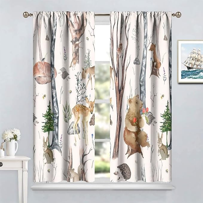 Rustic Forest Window Curtains Curtains, Woodland Animal Bear Deer Hedgehog Fox Squirrel Watercolor Blackout Rod Pocket Treatments Drapes for Boys Girls Bedroom 63x72in