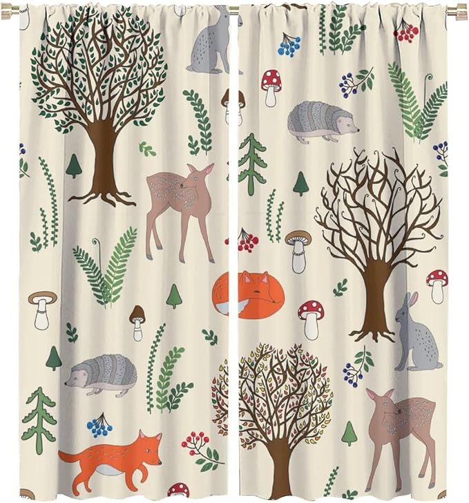 Kids Forest Animal Curtains, Rustic Cute Wild Animal Fox Deer Hedgehog Window Treatments Farmhouse Woodland Window Drapes for Girls Boys Nursery Toddler Bedroom 84x84in