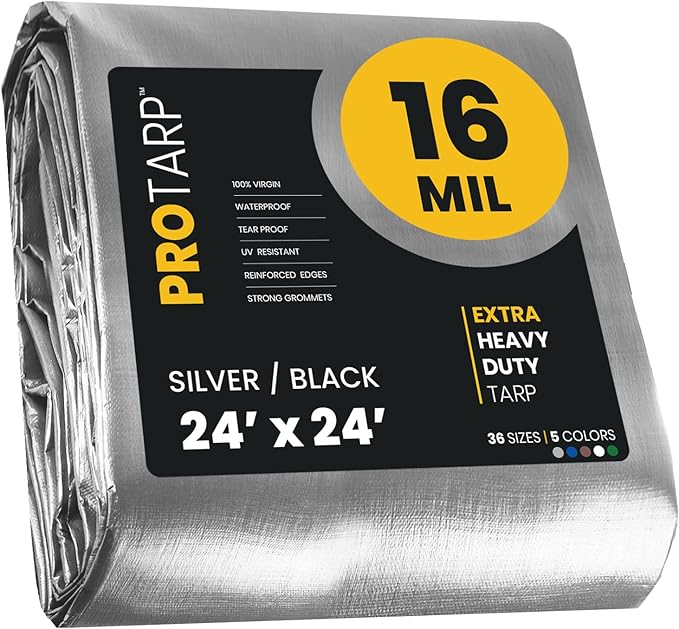 PROTARP Extra Heavy Duty 16 Mil Tarp Cover, Waterproof, UV Resistant, Rip and Tear Proof, Poly Tarpaulin with Reinforced Edges for Roof, Camping, Patio, Pool, Boat. (Silver/Black 24′ X 24′)
