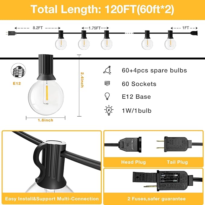 GLUROO 120FT Outdoor String Lights, G40 LED Patio Lights