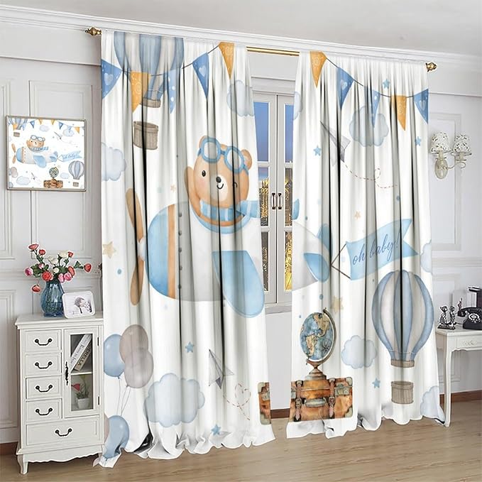Blue Bear Curtains, Cute Lovely Bear Adventure Airplane Cloud Pastel Blackout Window Treatments, Rod Pocket Thermal Insulated Drapes 2 Panel Sets for Kids Bedroom Nursery Classroom, 63"W X 72"L