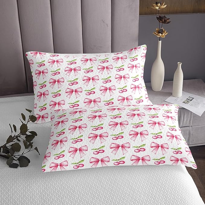 Pink Bowknot Kids Bedspread King Size,Cherry Tropical Fruit Cartoon Coverlet Set,Girls Women Room Decor,Bow Tie Butterfly Knot Princess Quilted Coverlet,Dreamy Fashion Bedding Quilt,2 Pillowcases