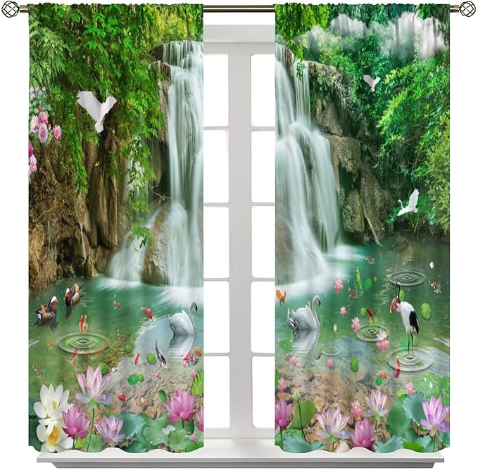 Scenery Waterfall Blackout Curtains, China Country Landscapes Nature Pattern Window Drapes, for Bedroom Living Room 55" W X 63" L