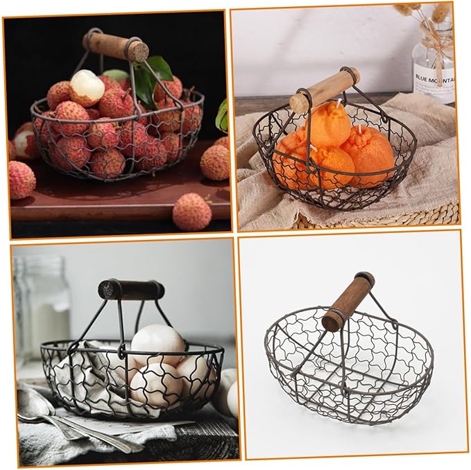 2pcs Vintage Rustic Iron Fruit Basket with Wooden Handles, Gray-black Metal Storage Basket for Kitchen, Egg Collecting and Snack Organization, Farmhouse Style Household Container