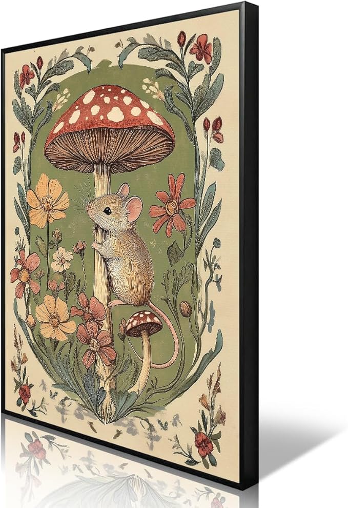 Nursery Animal Canvas Wall Art, Mouse and Toadstool Poster, Rustic Mushroom Mouse Painting, Cozy Folk Art Prints, Countryside Botanical Floral Painting for Kids Room 24x36in Framed