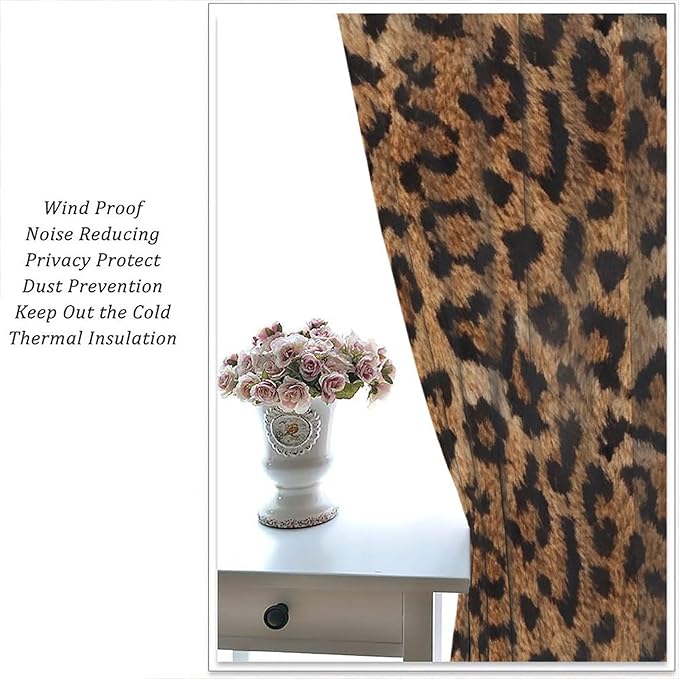 Leopard Print Window Curtains, Animal Fur Skin Brown Farmhouse Wild 3D Rustic Safari Theme Window Treatments for Kids Bedroom Living Room 42" W X 63" L