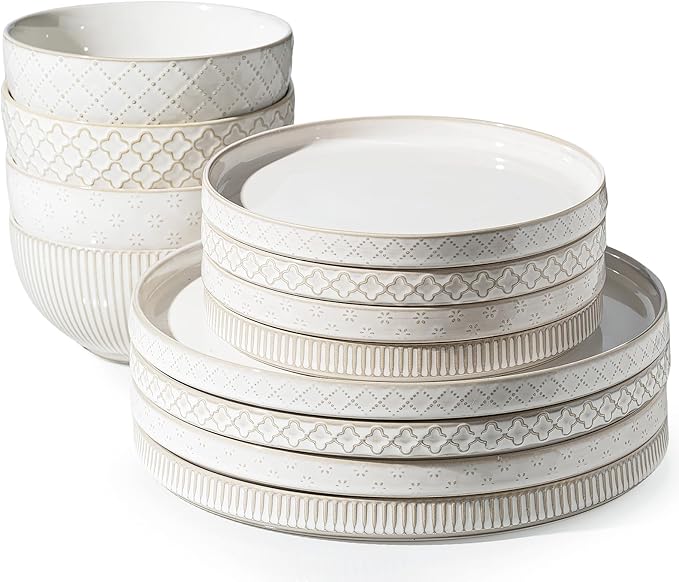 Getstar Dinnerware Sets, Plates and Bowls Sets (10.5” Dish + 8” Dish + 6” Bowl) for 4, Microwave Dishwasher Safe, 12 PCS Ceramic Dinnerware Sets