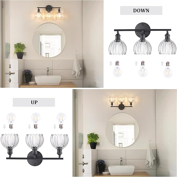 Bathroom Light Fixtures, 3-Light Black Vanity Wall Light Over Mirror