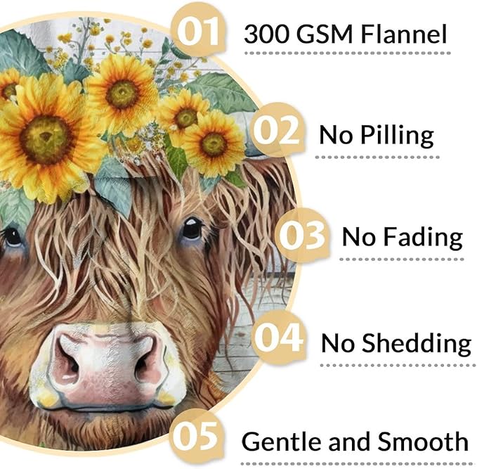 Blanket for Girls Women - 60x50 Inches Aesthetic Highland Cow Throw Blanket for Kids Teens Adults - Yellow Soft Fuzzy Sunflower Blankets Decor for Bed Couch Sofa