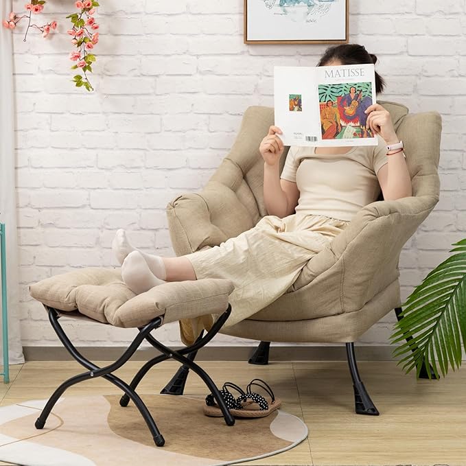HollyHOME Fabric Lazy Chair with Foldable Ottoman, Accent Comfy Lounge Arm Chair and Folding Footrest Stool Set, Leisure Sofa Reading Chair and Footstool for Living Room, Bedroom, Dorm, Coffee&White