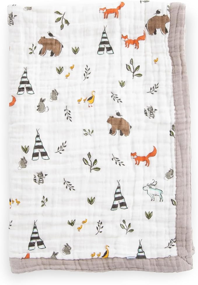 Little Unicorn Newborn Receiving Quilt | Ultra- Soft, Multi-Layered Muslin Fabric | Gift for Newborns & on-The-go (Forest Friends)