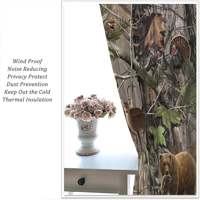 Retro Forest Window Curtains, Camouflage Hunting Tree Camo Rustic Deer Elk Bird Bear Blackout Rod Pocket Windows Door Curtain for Bedroom Living Room Home Decor 84x84in
