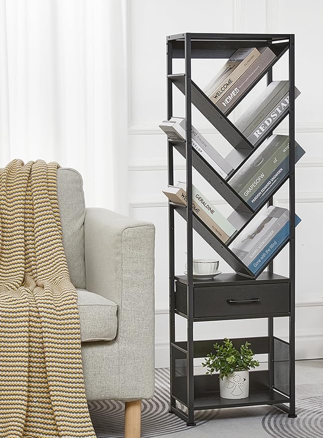 Bookshelf with Drawer,10 Tier Tree Bookcase Retro Floor Standing Bookshelves,Tall Wood Bookcases with Cabinet Storage Organizer for Living Room, Bedroom & Home Office, Black