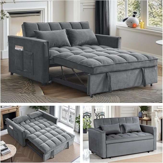 3 in1 Sofa Bed, Pull-Out Sleeper Sofa Bed with 3-Level Adjustable Backrest, Velvet Fabric Convertible Love Seat Sleepers Beds for Living Room & Bedroom & Apartment, Grey