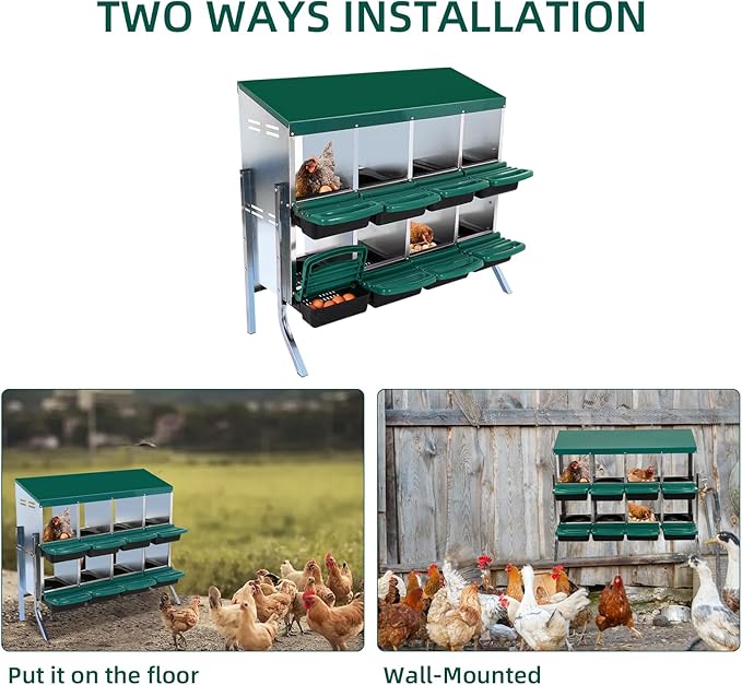 8-Hole Chicken Nesting Box, Roll Away Nest with Removable Tray, Easy Egg Collection & Cleaning, Wall-Mount Nesting Boxes for Hens, Chicken Coop - Green