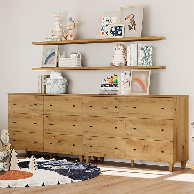 WAMPAT 12 Drawer Wood Dresser for Bedroom, 2-in-1 Extra Wide Chest of Drawers, Modern Storage Organizer Units with Solid Wood Legs for Closet, Living Room, Kids Room, Nursery, Oak Brown, 94.4"