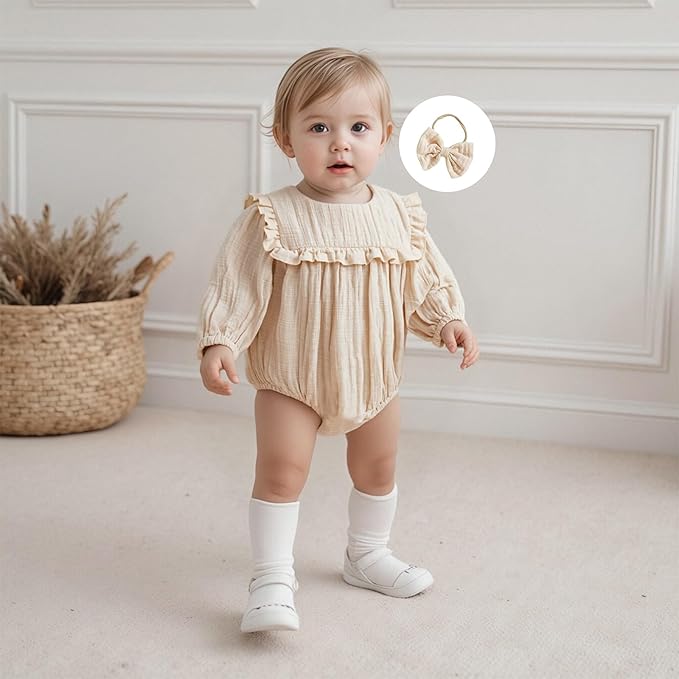 2pcs Infant Baby Girls Romper Dress Headband Long Sleeve Clothing Flowers Newborn Boho Girl Outfit Jumpsuit Clothes