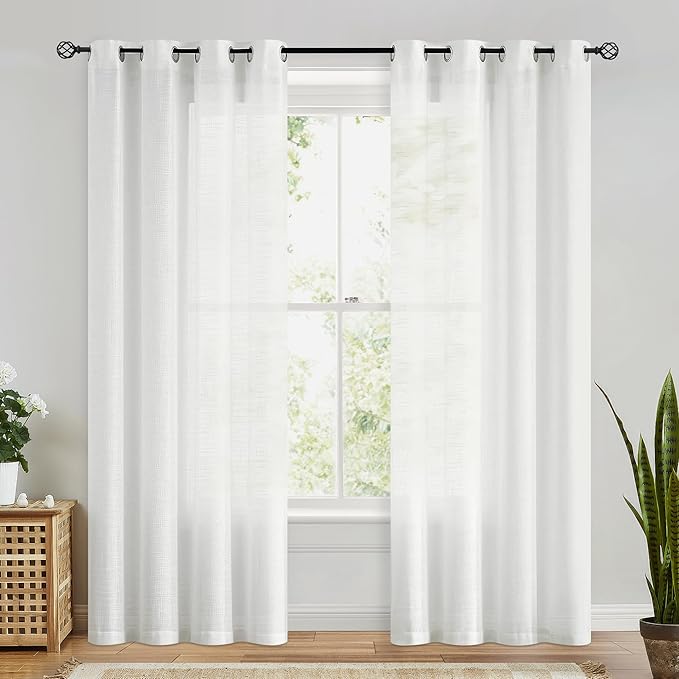 FMFUNCTEX Linen Semi Sheer Curtains for Bedroom, White Curtains 90 Inches Long for Living Room, Country Farmhouse Sheer Drapes, Light Filtering Window Curtain, Grommet Top 2 Panels