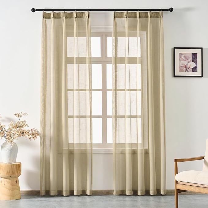 Taupe Sheer Curtains 90 Inches Long, Neutral Linen Look Textured Light Filtering Drapes Decor, Tan Beige Transparent Window Treatments, Rustic Pinch Pleat Curtain with Hooks