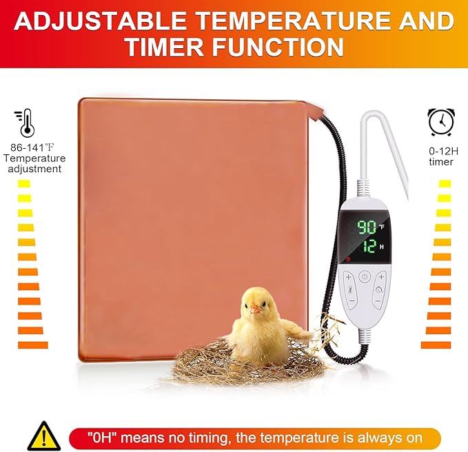 Chicken Heating Pad Baby Chicks Heater Mat Temperature and Timer Adjustable Led Display Chicken Warming Blanket Heated Mat with Anti Bite Cord Chick Brooder Heating Plate Orange 15.6" X 23.4"