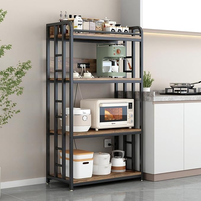 Adjustable 4-Tier Heavy Duty Kitchen Baker's Rack with Power Outlet, with Industrial Wheels, Free Standing Microwave Oven Cart Stand for Storage in Living Room, Garage, Rustic Brown