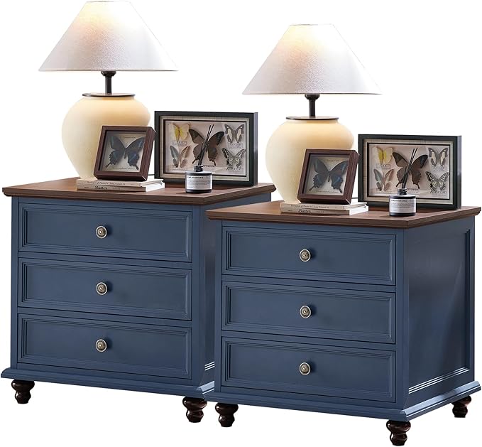 24" Wide Farmhouse Night Stand Set of 2,Large End Table with 3 Drawers & Metal Handle,Blue Wood Dresser for Bedroom Cabinet, Bed Side Table Chest of Drawers,Nightstand for Living Room,Closet