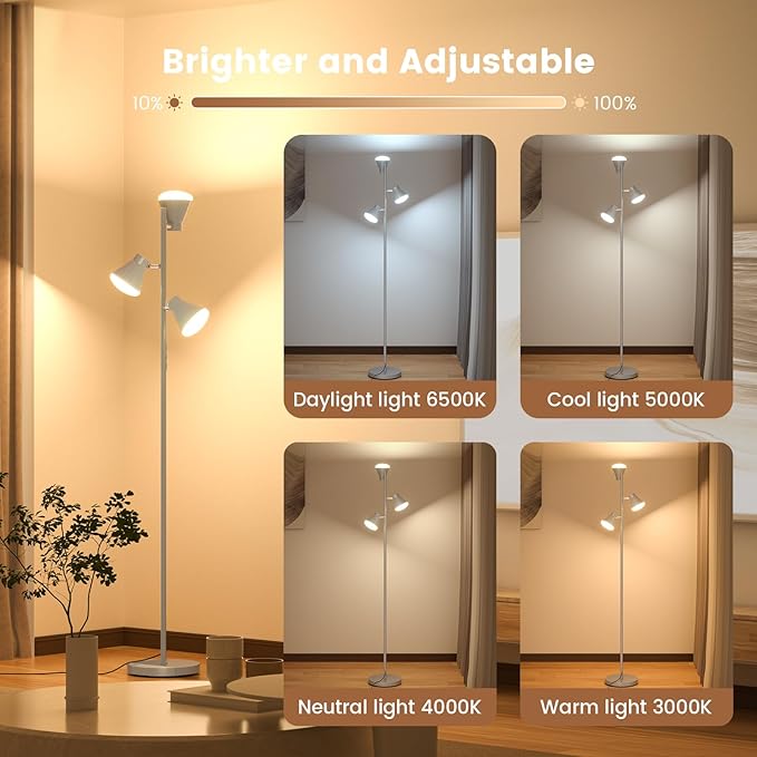 36W LED Tree Floor Lamp, Dimmable Tall Standing Lamp