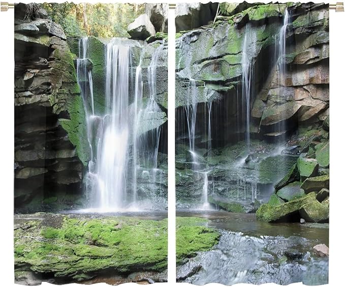 Forest Waterfall Blackout Windows Curtains, Rocky Waterfall to Pond Running Off Scenic Nature Themed Picture Print Curtains, for Living Room Bedroom 72x63in 2 Panels