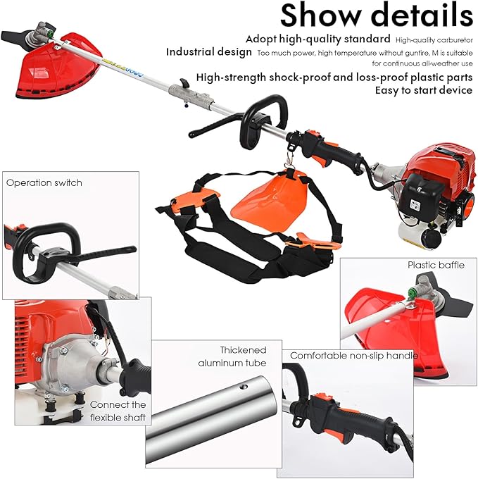Gas Weed Eater, 52cc 2 Stroke Weed Wacker 6 in 1 Lawn Mover Include String Trimmer Brush Cutter Pole Saw Hedge Trimmer for Yard Garden Care 9500rpm 3000r/min Engine Speed 120cc Oil Tank Orange