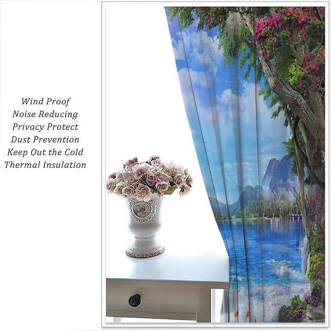 Spring Jungle Waterfall Blackout Window Curtains, Tropical Rainforest Floral Tree Waterfall Landscape Print Window Drapes, for Living Room Bedroom 42x54in 2 Panels