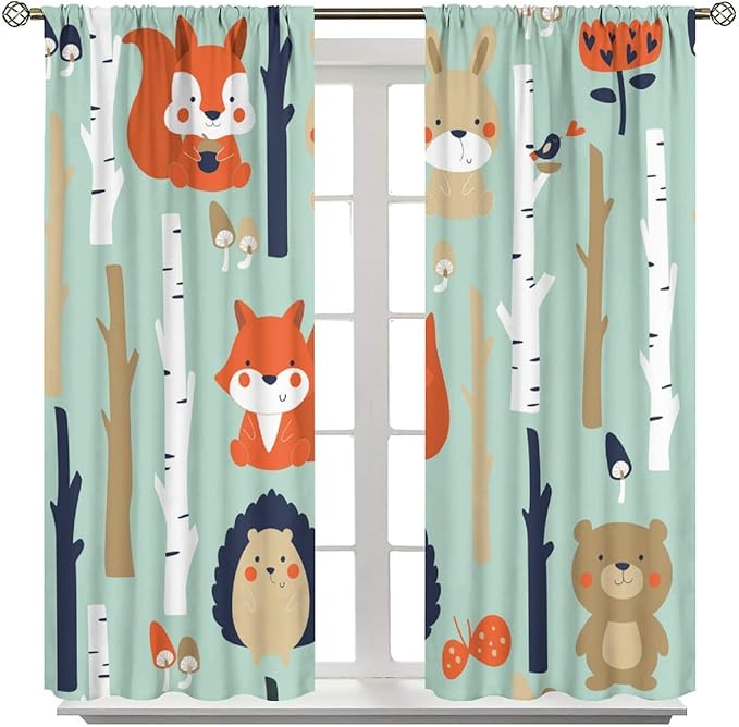 Cute Animals Curtains, Cartoon Fox Hedgehog Hare Forest Trees Blackout Window Treatments, Rod Pocket Thermal Insulated Drapes 2 Panel Sets for Kids Bedroom Nursery Classroom, 84" W X 84" L
