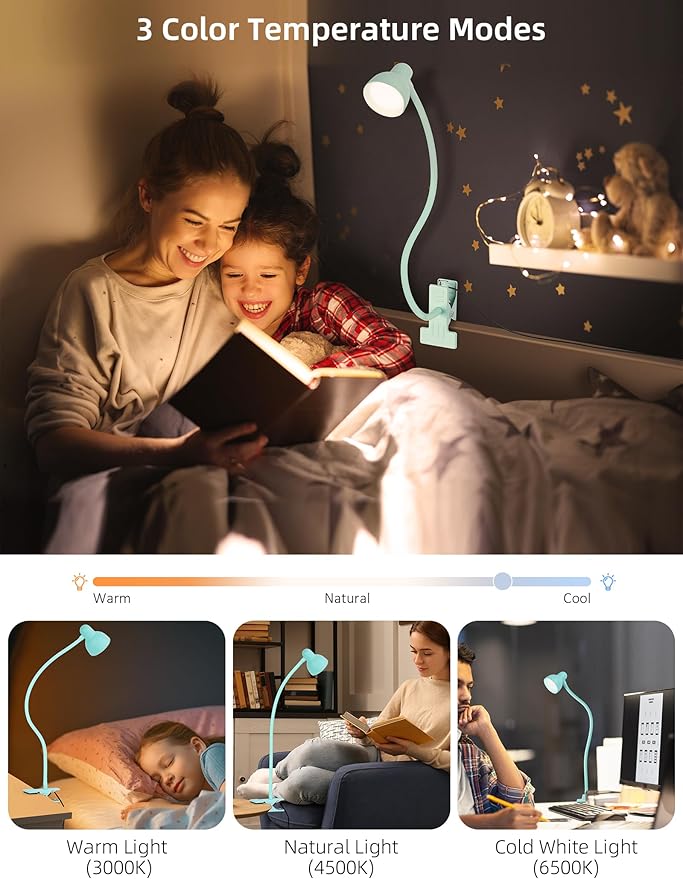 Clip on Reading Light for Bed 3 Color Modes, 10 Brightness Dimmable, Flexible