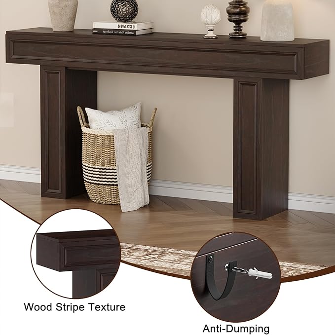 Rresyet 63 Inch Long Console Table, Sofa Table Behind Sofa, Wooden Entryway Table, Farmhouse Entryway Table for Entry, Hallway, Living Room (Cherry)