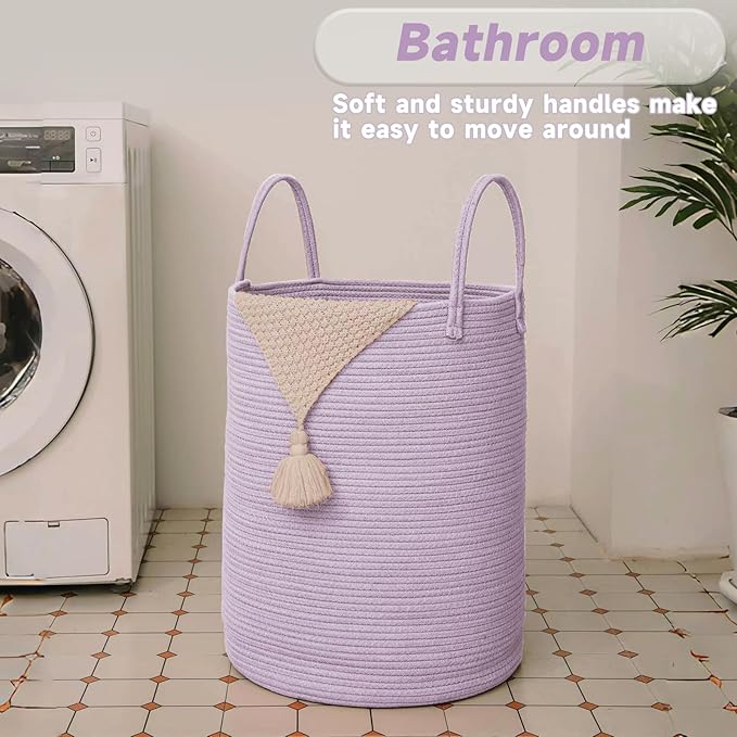Large Woven Laundry Basket Hamper,80L Cotton Rope Storage Bin for Blankets,Toys and Clothes,Decorative Tall Nursery Hamper for Living Room,Baby Nursery,Bathroom and Bedroom,Purple