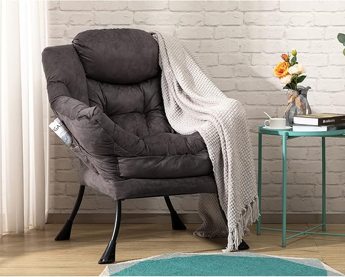 HollyHOME Modern Fabric Large Lazy Chair, Accent Oversized Comfy Reading Chair, Thick Padded Cozy Lounge Chair with Armrest, Steel Frame Leisure Sofa Chair for Living Room, Bedroom, Dorm, Coffee Grey