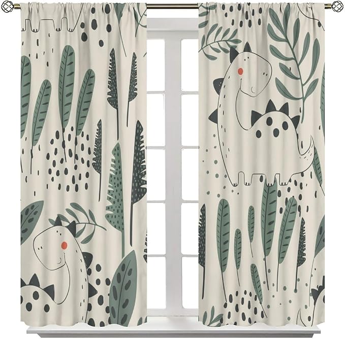 Dinosaur Curtains, Cute Dino Tropical Leaves Plant Beige Green Blackout Window Treatments, Rod Pocket Thermal Insulated Drapes 2 Panel Sets for Children Bedroom Nursery Classroom, 72" W X 63" L