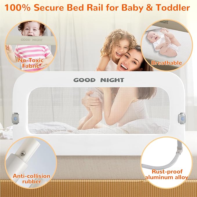 Bed Guard Rail for Toddlers - 47" Adjustable Heights & Folding up Portable Bed Railing for Baby - Toddler Bed Rails Guard for Crib, Twin, Bunk,Full Size, Queen & King Bed (White)