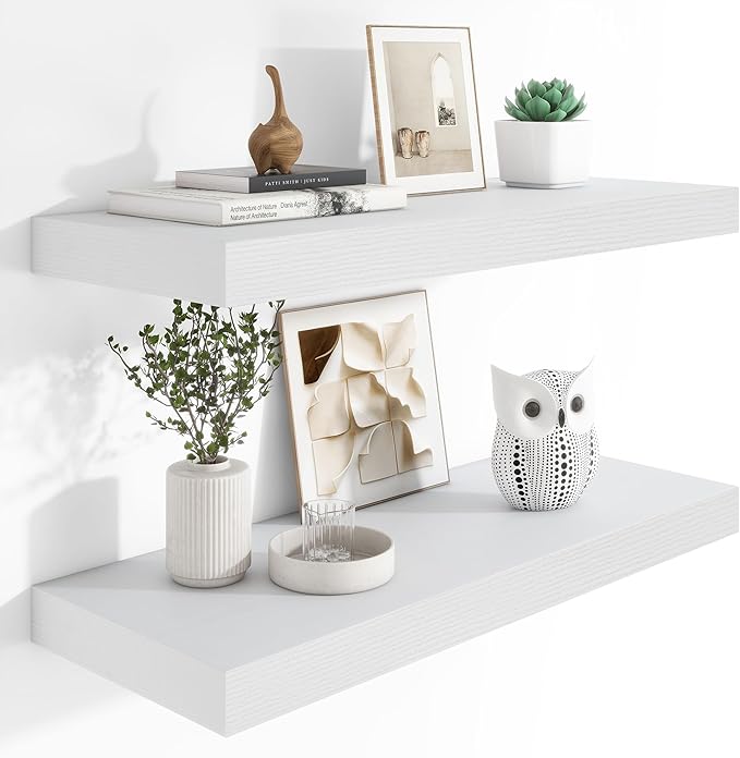 Heimlove 12" Deep Floating Shelves, 36 x 12 Inch Wall Mounted Long Floating Shelf with Invisible Brackets, for Home Decor, Bedroom, Kitchen, Living Room, Bathroom - 2 Pack, White