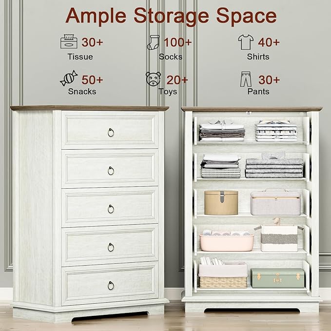 5 Drawer Dresser, Chest of Drawers with Double Anti-Tip, Modern Tall Dresser Organizer for Bedroom, Living Room & Hallway – Easy Assembly Storage Cabinet, White