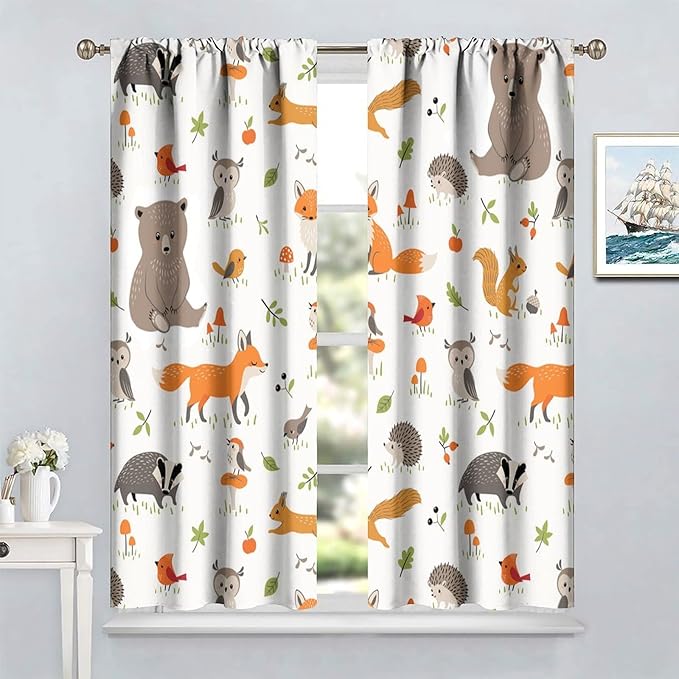 Forest Animal Curtains for Kids, Cartoon Safari Woodland Animals Window Treatments Cute Wild Jungle Bear Fox Deer Bear Window Drapes for Girls Boys Nursery Toddler Bedroom 42x54in