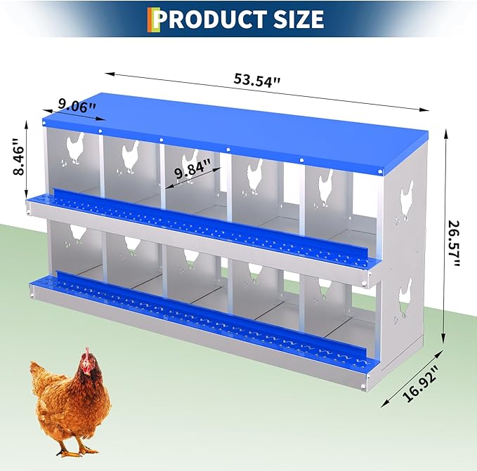 Chicken Nesting Boxes, 10-Hole Roll Away Nest Box for Chicken Coop, Metal Egg Laying Box with Perch & Lid Cover to Protect Eggs, Rollout Egg Collection, Vented Holes Blue