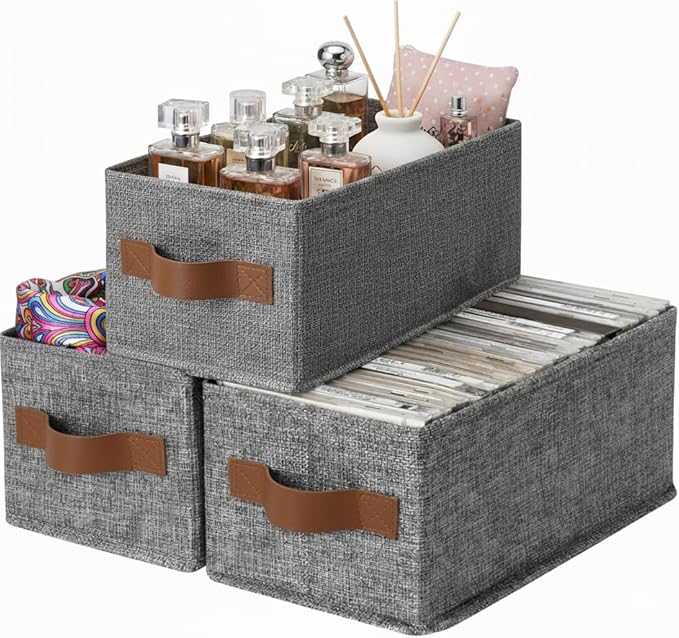 GRANNY SAYS Small Fabric Storage Bins with PU Handles, Storage Baskets for Shelves, Perfume Storage, Narrow Baskets for Organizing DVD, Photos, Aromatherapy, Scarf, Diaper, Cd, 3-Pack, Gray