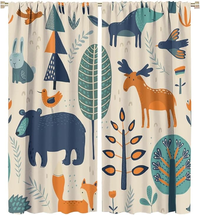 Kids Forest Animal Curtains, Rustic Cartoon Cute Wild Animal Window Treatments Woodland Safari Animal Fox Deer Bear Window Drapes for Girls Boys Nursery Toddler Bedroom 42x54in