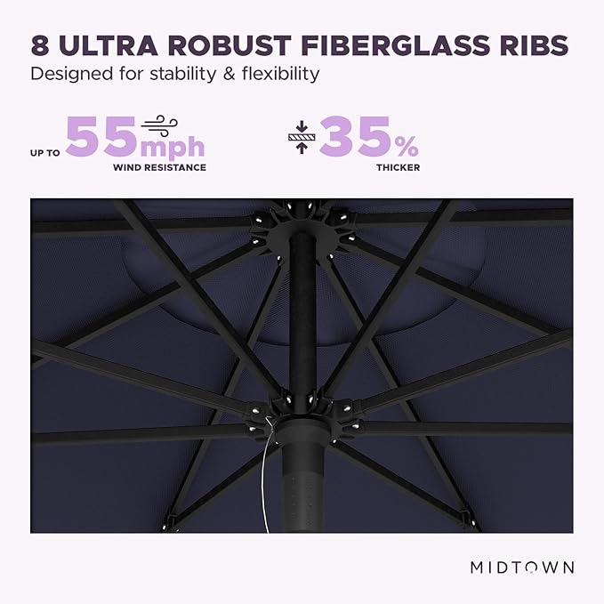 Midtown Umbrellas Push and Pop 10 Feet Outdoor Umbrella, Navy Blue Polyester Fabric - Fiberglass Ribs Deck Patio Umbrella, Backyard Umbrella, Garden Umbrella & Pool Umbrella - Black Pole