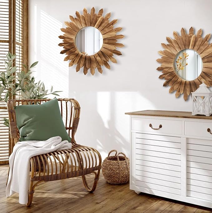 LOSOUR 2 Pack 22 Inch Boho Wall Sunburst Mirror Rustic Round Wood Decorative Mirror Boho Wall Art Decor for Entryway Bedroom Living Room