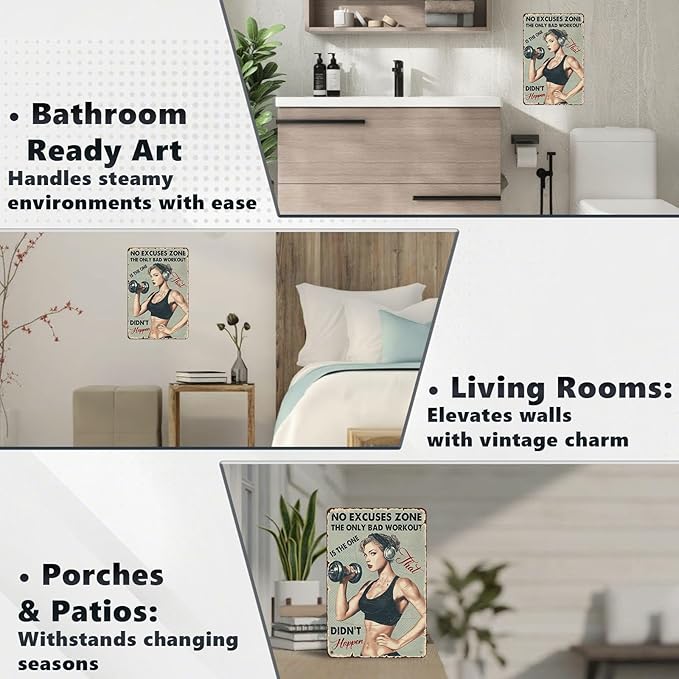Vintage No Excuses Zone Metal Sign Retro Girl Lifting Dumbbells Fitness Tin Sign Nostalgic Art for Home Gym Personal Studio Wall Decor Living Room Garage Cafe Bar 12 * 8 In
