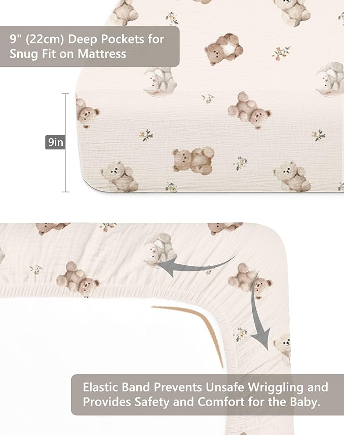 Crib Sheets for Baby Boy Girl 2 Pack, Fitted Crib Mattress Sheet 28" x 52", Muslin Toddler Bedding with Neutral Style, Nursery Bedding Essentials (Teddy & Friends)